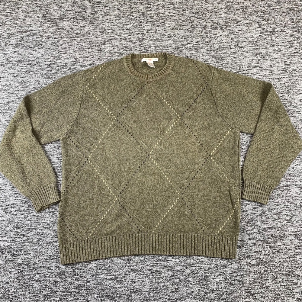 Geoffrey Beene Mens XL Argyle Crewneck Sweater Olive Green 100 Cotton